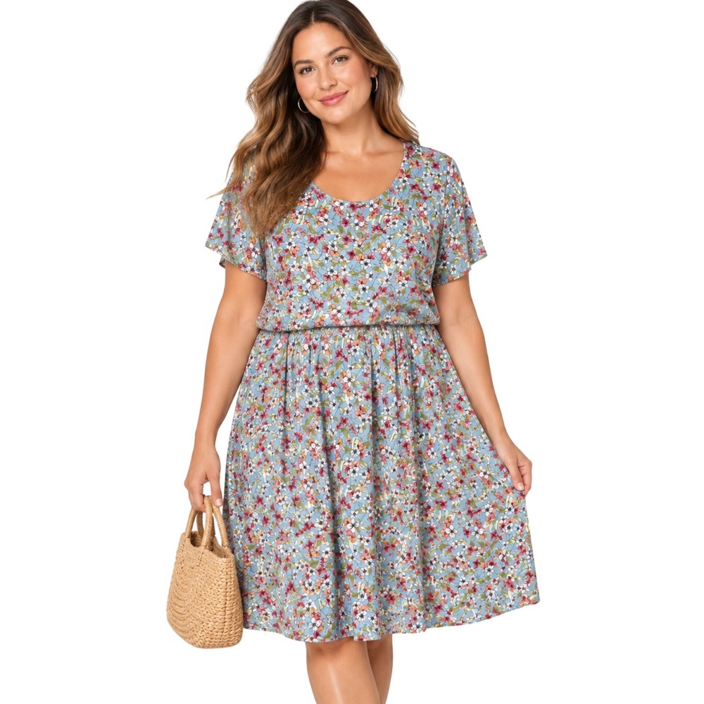 J. Jill Dress Womens Large Blue Ditsy Floral Mini Knit Cottagecore Boho Retro